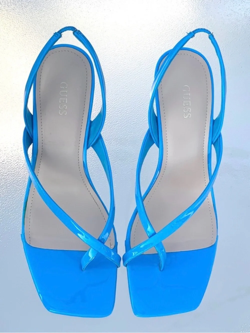 GUESS Saily High Gloss Bright Blue Crisscross Strappy High Heel Sandals 9.5 M